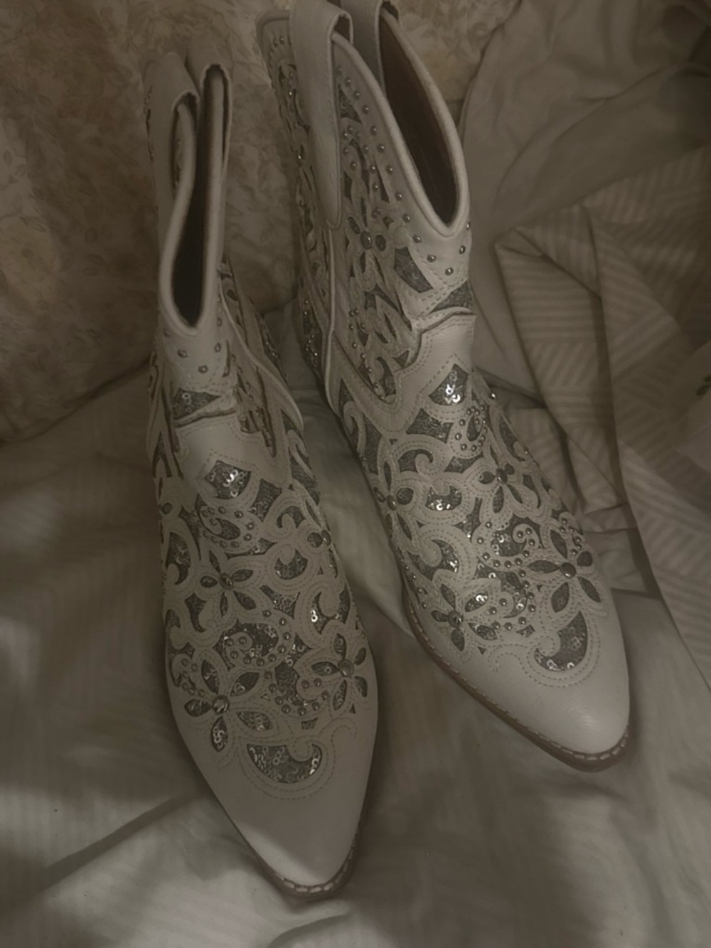 BEAST FASHION White Embellished Cutout Ankle Booties